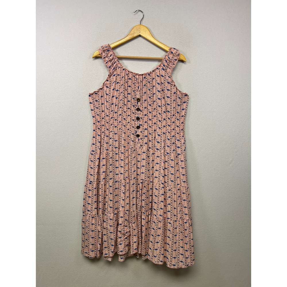 Simply Couture Tropical Flamingo Boho Womens 3XL Pink Smocked Tiered Midi Dress